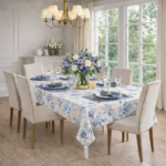 Okrągły obrus bawełniany w niebiesko-białe kwiaty Blossom Blue - obrazek 6
