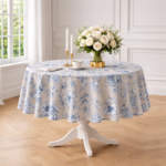Okrągły obrus bawełniany w niebiesko-białe kwiaty Blossom Blue