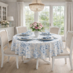 Okrągły obrus bawełniany w niebiesko-białe kwiaty Blossom Blue - obrazek 2