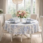 Okrągły obrus bawełniany w niebiesko-białe kwiaty Blossom Blue - obrazek 3