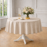 Okrągły obrus bawełniany w biało-beżową kratę Beige Gingham - obrazek 2