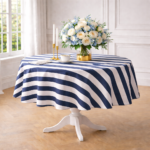 Okrągły obrus bawełniany w niebiesko-kremowe pasy Dandy Navy Blue