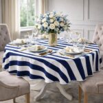 Okrągły obrus bawełniany w niebiesko-kremowe pasy Dandy Navy Blue - obrazek 2