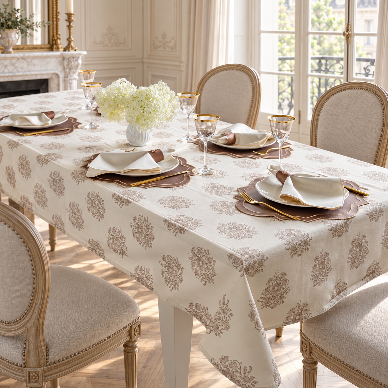 Medallion Sand Tablescape Beżowy obrus z ornamentem Medallion Sand - obrazek 1