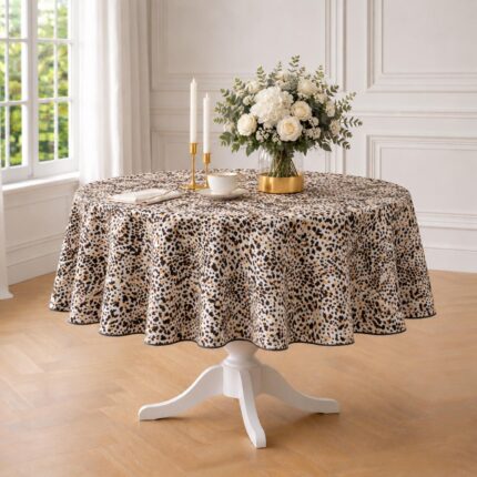 Okrągły obrus Leopardo Roseberry Home we wzór pantery w odcieniach beżu i brązu