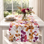 Bieżnik z motywem liści i ptaków Purple Sparrow – 50 × 150 cm